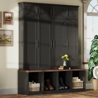 Rustic Farmhouse Hall Tree with 8 Storage Doors, Heavy-Duty Shoe Storage Bench Unit with 4 Bottom Compartments, 59'' L x 15.5'' W x 75'' H, Black(m-1)