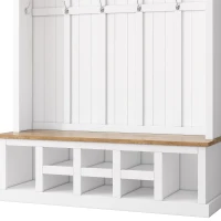Farmhouse Hall Tree Coat Rack with 13 Compartments, Shoe Storage Bench Unit with Wide Storage Seating Bench, 59'' L x 18'' W x 79'' H, White(m-11)