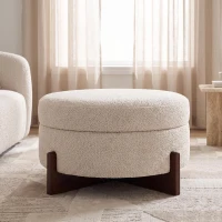 Chic Round Ottoman with Storage and Tufted Upholstery, Versatile Coffee Table for Living Room and Bedroom, 32'' L x 32" W x 17.5" H, Almond(m-4)