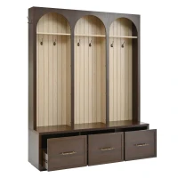 Farmhouse Hall Tree Coat Rack with 3 Arches and 8 Retro Hooks, Shoe Storage Bench Unit with 3 Drawers, 59'' L x 15.5'' W x 75'' H, Dark Walnut(m-15)