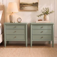 Modern Farmhouse Nightstand Set of 2 with 3 Storage Drawers, Wooden Bedside End Tables with Tapered Legs, 23.5'' L x 15.5'' W x 24.5'' H, Green(m-1)
