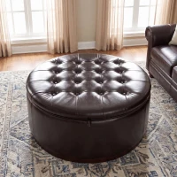Elegant Round Storage Ottoman with Tufted Chenille and Removable Lid, Versatile Coffee Table for Living Room, 28'' L x 28" W x 16.5" H, Dark Brown(m-1)