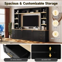 Rustic Farmhouse Entertainment Centre with 6 Storage Drawers, Modern TV Wall Unit with Adjustable Shelves, 98.5'' L x 15.5'' W x 79.5'' H, Black(m-5)