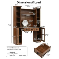 Farmhouse Makeup Vanity with LED Mirror and Power Outlet, Chic Dressing Desk with Jewelry Organizer, 54.5'' L x 15.5" W x 70" H, Walnut(m-3)