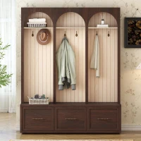 Farmhouse Hall Tree Coat Rack with 3 Arches and 8 Retro Hooks, Shoe Storage Bench Unit with 3 Drawers, 59'' L x 15.5'' W x 75'' H, Dark Walnut(m-8)
