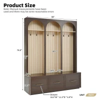 Farmhouse Hall Tree Coat Rack with 3 Arches and 8 Retro Hooks, Shoe Storage Bench Unit with 3 Drawers, 59'' L x 15.5'' W x 75'' H, Dark Walnut(m-3)