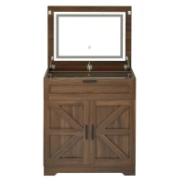 Versatile 3-in-1 Flip Top Makeup Vanity Cabinet with LED Lighted Mirror, Rustic Dressing Table for Bedroom, 26.5'' L x 19.5" W x 29.5" H, Walnut(m-2)