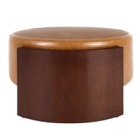 Modern Round Ottoman with Curved Wood-Grain and High-Density Foam, Versatile Coffee Table for Living Room, 32'' L x 32" W x 17.5" H, Brown(m-7)