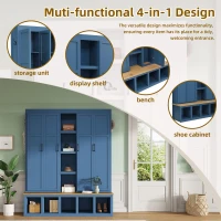 Rustic 4-in-1 Hall Tree Coat Rack with 4 Cabinets and 6 Sturdy Hooks, Shoe Storage Bench Unit for Mudroom, 63'' L x 15.5'' W x 76.5'' H, Blue(m-6)