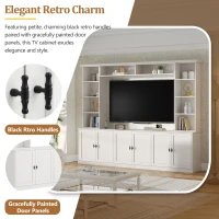 Rustic Farmhouse Entertainment Centre with 7 Adjustable Shelves, Modern TV Wall Unit with Panelled Doors, 95.5'' L x 15.5'' W x 76.5'' H, White(m-4)