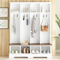 Farmhouse Hall Tree Coat Rack with 8 Retro Hooks, Shoe Bench Unit with 8 Storage Compartments, 59'' L x 15.5'' W x 76.5'' H, White(m-8)