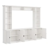 Rustic Farmhouse Entertainment Centre with 7 Adjustable Shelves, Modern TV Wall Unit with Panelled Doors, 95.5'' L x 15.5'' W x 76.5'' H, White(m-14)