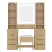 Elegant Fluted Dressing Vanity Desk with 3-Colour LED Mirror, Modern Makeup Table Unit with 10 Drawers, 43.5'' L x 15.5'' W x 54.5'' H, Oak(m-2)