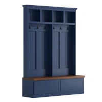 Rustic Farmhouse 4-in-1 Hall Tree Coat Rack with 2 Large Drawers, Shoe Storage Bench Unit with 6 Hooks, 53'' L x 15'' W x 75.5'' H, Blue(m-13)