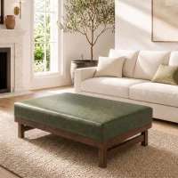 Sleek Large Ottoman with Faux Leather and Walnut Legs, Versatile Coffee Table for Living Room and Bedroom, 48" L × 27.5" W × 15.5" H, Green(m-1)