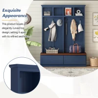 Rustic Farmhouse 4-in-1 Hall Tree Coat Rack with 2 Large Drawers, Shoe Storage Bench Unit with 6 Hooks, 53'' L x 15'' W x 75.5'' H, Blue(m-4)