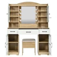 Farmhouse Makeup Vanity with Lighted Mirror and Outlet, Chic Dressing Table with Drawers and Stool, 47'' L x 15.5" W x 61.5" H, Natural+White(m-15)