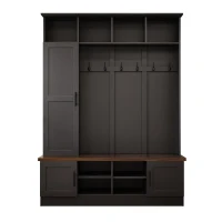 Rustic Farmhouse Hall Tree Coat Rack with Shoe Storage Bench, Heavy-Duty Storage Cabinet Unit with 6 Metal Hooks, 55'' L x 15.5'' W x 73'' H, Black(m-2)