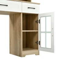 Farmhouse Makeup Vanity with Lighted Mirror and Outlet, Chic Dressing Table with Drawers and Stool, 47'' L x 15.5" W x 61.5" H, Natural+White(m-11)