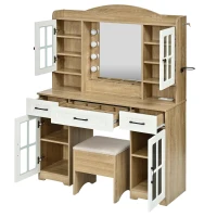 Farmhouse Makeup Vanity with Lighted Mirror and Outlet, Chic Dressing Table with Drawers and Stool, 47'' L x 15.5" W x 61.5" H, Natural+White(m-14)