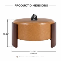 Modern Round Ottoman with Curved Wood-Grain and High-Density Foam, Versatile Coffee Table for Living Room, 32'' L x 32" W x 17.5" H, Brown(m-3)