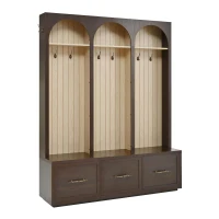 Farmhouse Hall Tree Coat Rack with 3 Arches and 8 Retro Hooks, Shoe Storage Bench Unit with 3 Drawers, 59'' L x 15.5'' W x 75'' H, Dark Walnut(m-14)