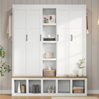 Rustic 4-in-1 Hall Tree Coat Rack with 4 Cabinets and 6 Sturdy Hooks, Shoe Storage Bench Unit for Mudroom, 63'' L x 15.5'' W x 76.5'' H, White(m-8)