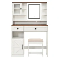 Farmhouse Makeup Vanity with LED Mirror and Outlet, Chic Dressing Table with Drawers and Stool, 37.5'' L x 15.5" W x 56" H, White+Walnut(m-2)