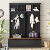 Rustic Farmhouse 4-in-1 Hall Tree Coat Rack with 2 Large Drawers, Shoe Storage Bench Unit with 6 Hooks, 53'' L x 15'' W x 75.5'' H, Black(m-8)