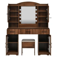 Farmhouse Makeup Vanity with Lighted Mirror and Power Outlet, Chic Dressing Table with Drawers and Stool, 47'' L x 15.5" W x 61.5" H, Walnut(m-15)