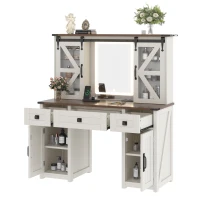 Farmhouse Dressing Vanity Desk with 3-Colour LED Lighted Mirror, Modern Makeup Table Unit with 3 Drawers, 43.5'' L x 15.5'' W x 53.5'' H, Beige(m-10)