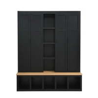 Rustic 4-in-1 Hall Tree Coat Rack with 4 Cabinets and 6 Sturdy Hooks, Shoe Storage Bench Unit for Mudroom, 63'' L x 15.5'' W x 76.5'' H, Black(m-2)