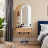 Modern Floating Makeup Vanity with Arched Mirror, Outlet and 3-Color Lights, Versatile Wall Vanity for Bedrooms, 23'' L x 15.5" W x 48" H, Natural(m-8)