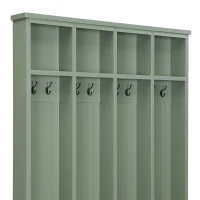 Farmhouse Hall Tree Coat Rack with 8 Retro Hooks, Shoe Bench Unit with 8 Storage Compartments, 59'' L x 15.5'' W x 76.5'' H, Mint Green(m-9)