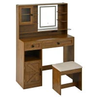 Farmhouse Makeup Vanity with LED Mirror and Outlet, Chic Dressing Table with Drawers and Padded Stool, 37.5'' L x 15.5" W x 56" H, Rustic Brown(m-15)