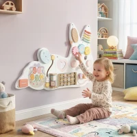 Qaba Easter Bunny Busy Board, Wooden Wall-Mounted Montessori Sensory Toys, Gift for Girls Boys for 1.5-6 Y, White(m-8)