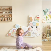 Qaba Easter Bunny Busy Board, Wooden Wall-Mounted Montessori Sensory Toys, Gift for Girls Boys for 1.5-6 Y, White(m-1)