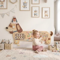 Qaba Wooden Wall Busy Board, Montessori Sensory Wall Panel Dachshund-Shaped for Playroom, Educational Toys for Toddler(m-10)