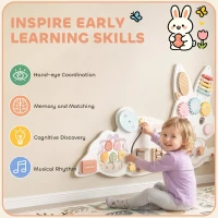 Qaba Easter Bunny Busy Board, Wooden Wall-Mounted Montessori Sensory Toys, Gift for Girls Boys for 1.5-6 Y, White(m-5)