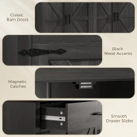 HOMCOM 55" Buffet Cabinet, Farmhouse Sideboard with 1.2" Thick Top, 4 Barn Doors, 2 Drawers and 2 Adjustable Shelves, Black(m-7)