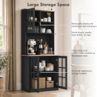 HOMCOM 72" Kitchen Pantry Storage Cabinet with Hutch, Large Countertop, Glass Doors and Adjustable Shelves, Black(m-4)
