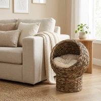 PawHut Handwoven Elevated Cat Bed with Soft Cushion & Egg Chair Shape, Basket Bed Kitty House with Stand, Raised Wicker House for Indoor Cats, 20" H, Gray(m-7)