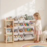 Qaba Toy Storage Organizer with 3 Shelves and 12 Bins, Montessori Kids Wooden Shelf for Playroom, Bedroom, Nursery, Natural(m-8)