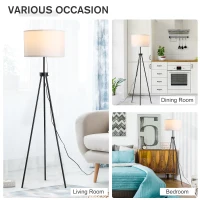HOMCOM 59.75" Tripod Floor Lamp with Pull Chain Standing, Fabric Lampshade E26 Lamp Holder Steel for Living Room, Bedroom, Office, Black(m-5)