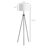 HOMCOM 59.75" Tripod Floor Lamp with Pull Chain Standing, Fabric Lampshade E26 Lamp Holder Steel for Living Room, Bedroom, Office, Black(m-3)