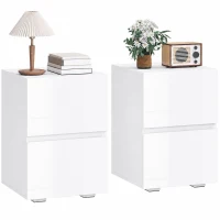 HOMCOM Modern Nightstand Set of 2, Narrow Bedside Table with 2 Drawers and High Gloss Drawer Fronts for Bedroom, White(m-2)