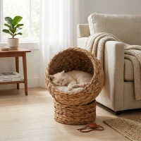 PawHut Handwoven Elevated Cat Bed with Soft Cushion & Egg Chair Shape, Basket Bed Kitty House with Stand, Raised Wicker House for Indoor Cats, 23.5" H, Light Brown(m-10)