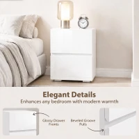 HOMCOM Modern Nightstand Set of 2, Narrow Bedside Table with 2 Drawers and High Gloss Drawer Fronts for Bedroom, White(m-5)
