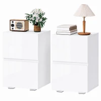 HOMCOM Modern Nightstand Set of 2, Narrow Bedside Table with 2 Drawers and High Gloss Drawer Fronts for Bedroom, White(m-12)