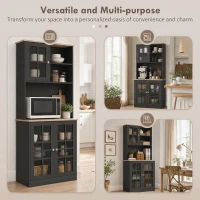 HOMCOM 72" Kitchen Pantry Storage Cabinet with Hutch, Large Countertop, Glass Doors and Adjustable Shelves, Black(m-7)